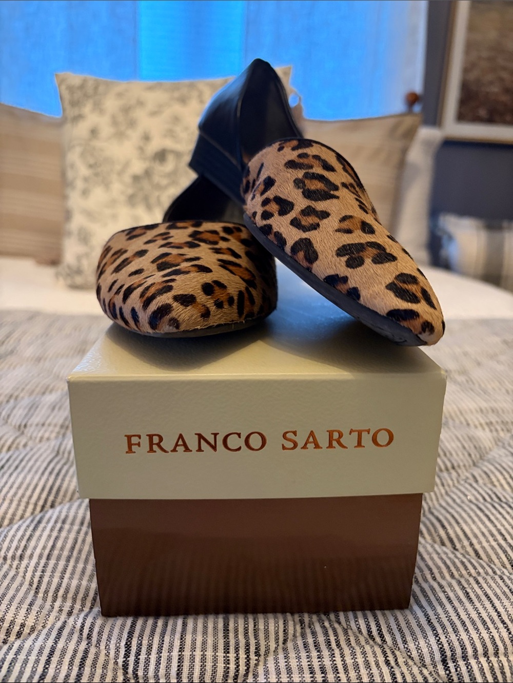 Franco Sarto Tan and Black Leopard-Print Pointed Flats